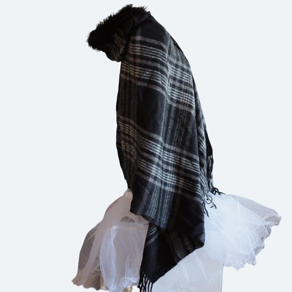 COPY - Lowrys Farm black tartan one button poncho with hood - Picture 2 of 5